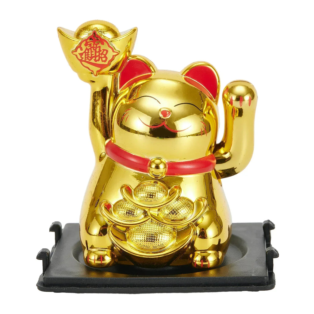 Maneki Neko Golden Lucky Cat Solar Powered Waving Figurine - Feng Shui Fortune & Wealth | Buddhive