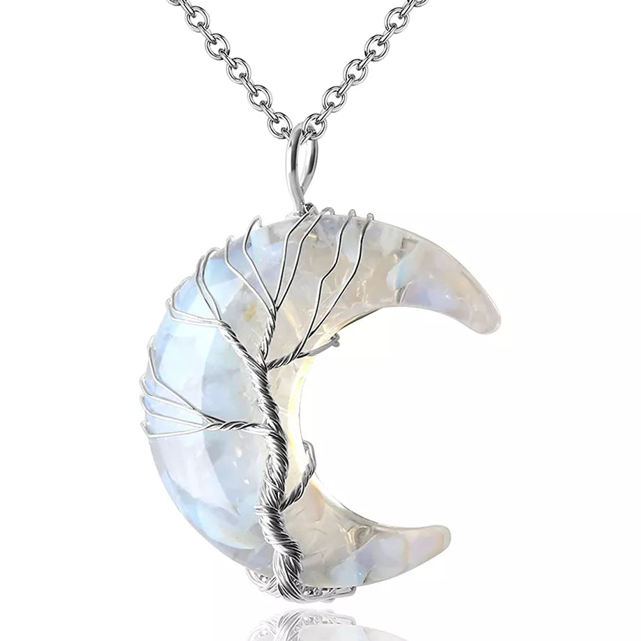 7 Chakra Necklace Tree of Life with Natural Stone Crescent Moon | Buddhive