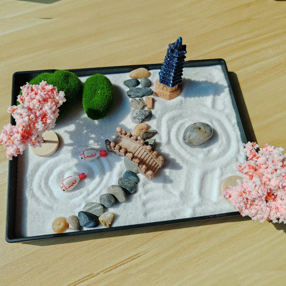Mini Zen Garden Japanese with Cherry Blossoms & Pagoda - Desktop Meditation Kit | Buddhive