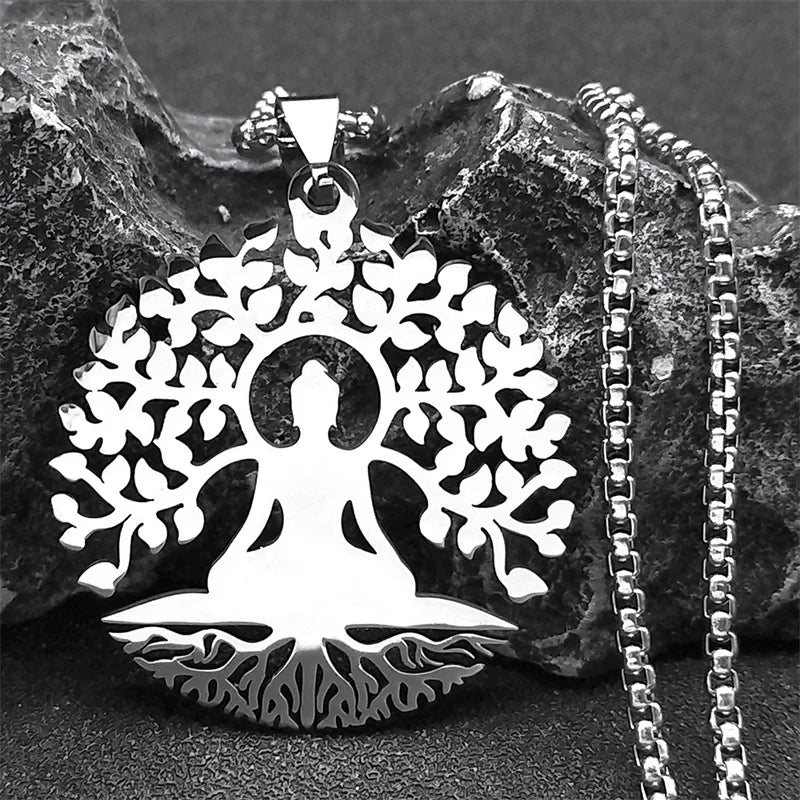 Buddha Tree of Life Necklace Pendant - Stainless Steel Unisex Buddhist Jewelry | Buddhive