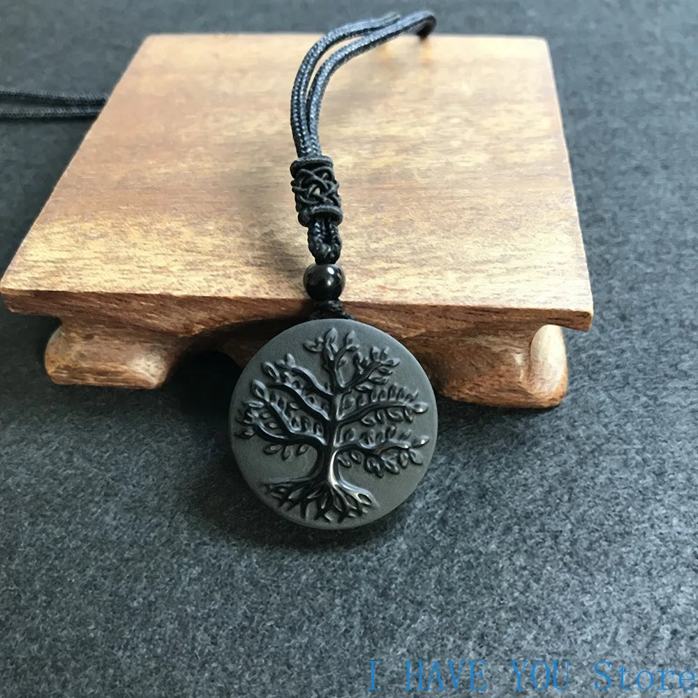 Tree of Life Obsidian Pendant - Natural Stone Buddhist Necklace 30mm | Buddhive