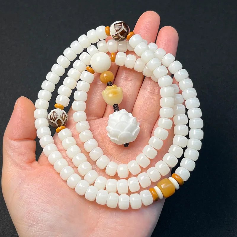White Tibetan Mala Necklace 108 Beads - Gemstone Prayer Beads for Meditation | Buddhive