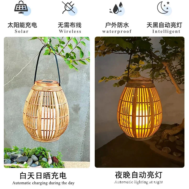 Solar Rattan Lantern Outdoor - Zen Garden Decor with LED Light | Buddhive