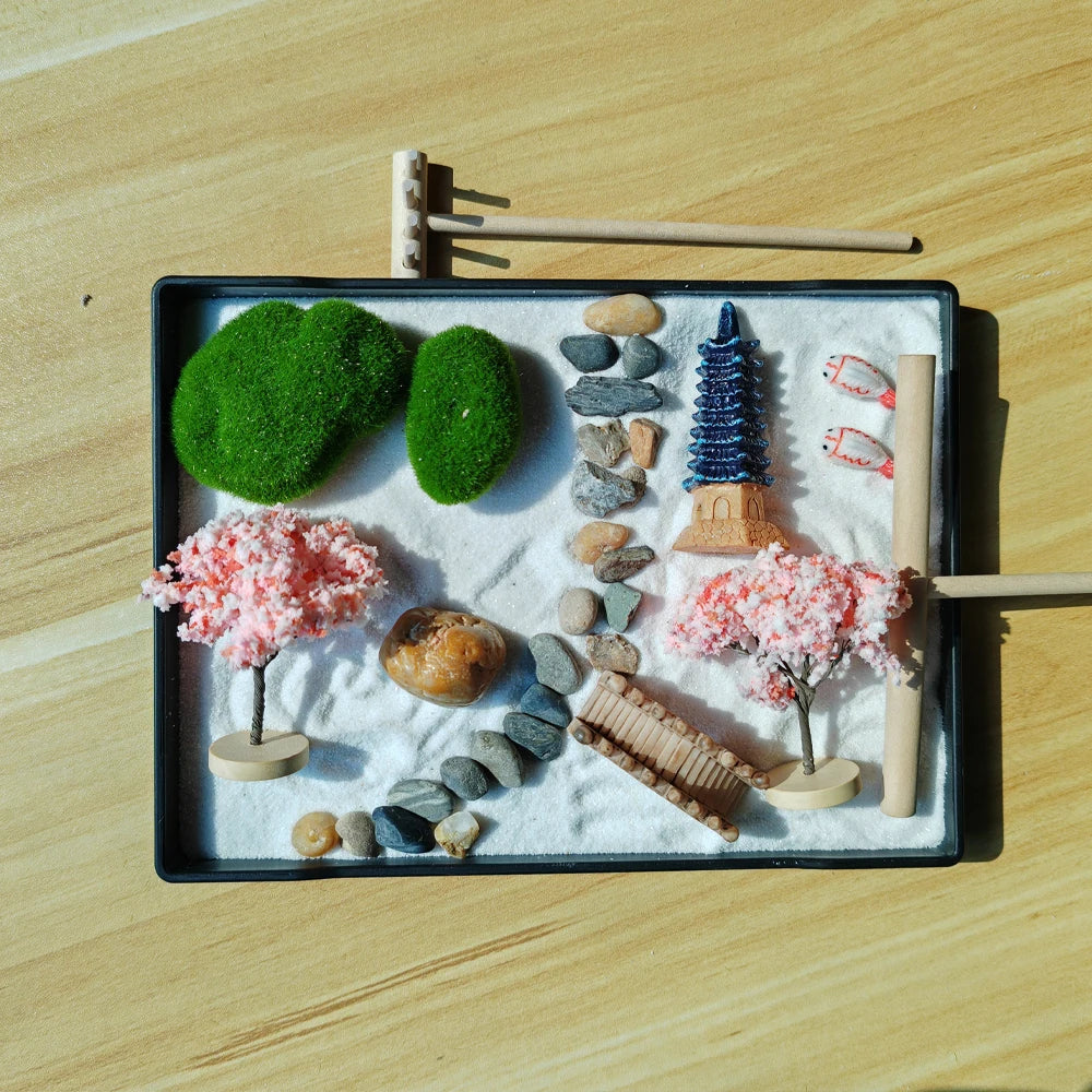 Mini Zen Garden Japanese with Cherry Blossoms & Pagoda - Desktop Meditation Kit | Buddhive