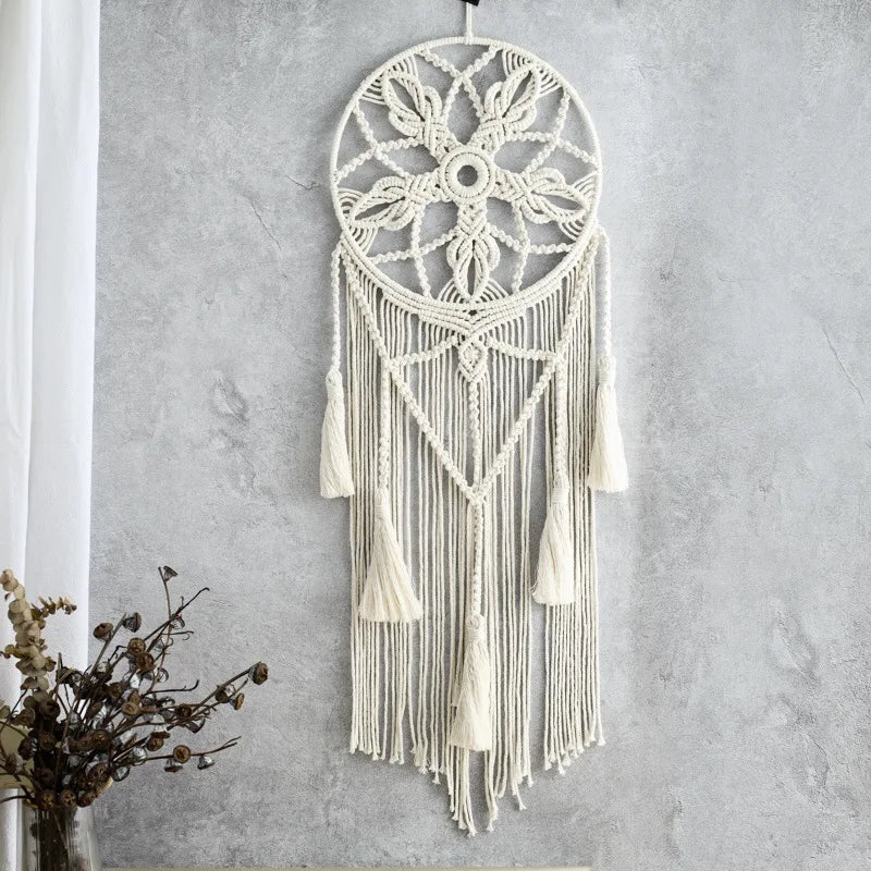 Macrame Dream Catcher Boho Wall Hanging - Handwoven Cotton & Wood - Zen Bedroom Decor | Buddhive