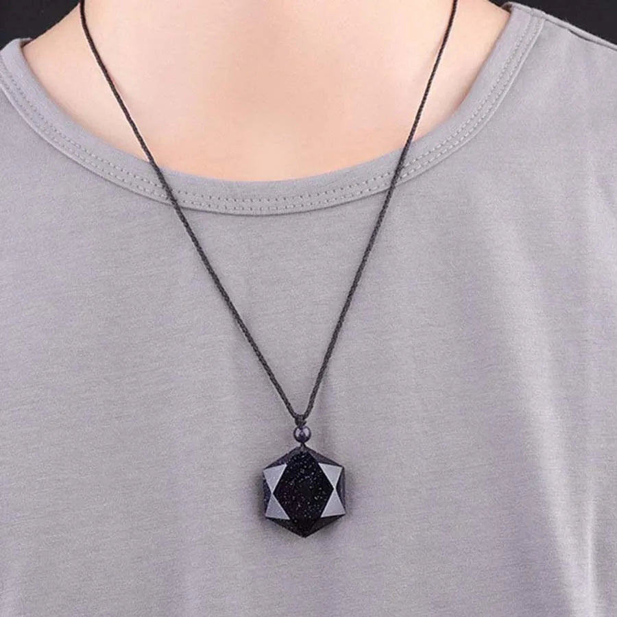 Black Agate Necklace Hexagonal Natural Stone Buddhist Pendant | Buddhive