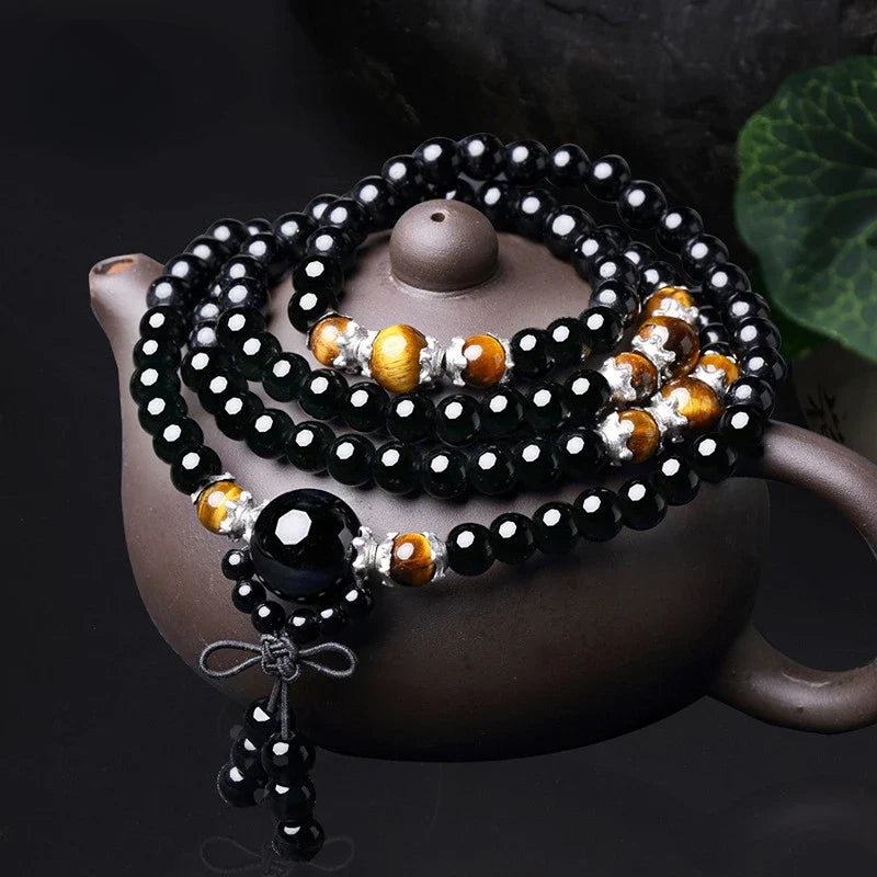 Mala Beads Tiger's Eye & Black Obsidian - 108 Prayer Beads for Protection & Meditation | Buddhive
