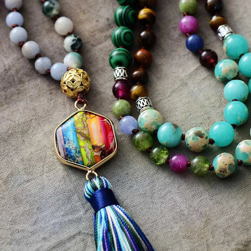 Mala Beads 108 Tibetan Multi-Stone Natural Gemstone Prayer Necklace for Meditation | Buddhive