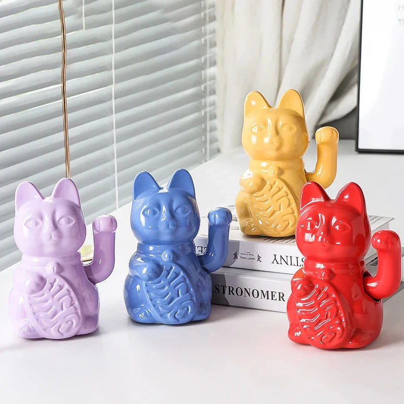 Maneki Neko Lucky Cat Ceramic Figurine - Animated Waving Paw Feng Shui Decor | Buddhive