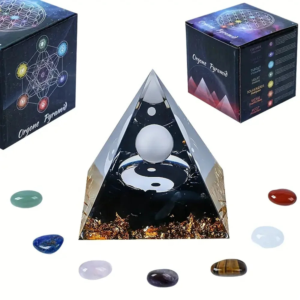 Orgonite Pyramid Yin Yang with White Sphere - Energy Harmonizer Feng Shui Decor | Buddhive