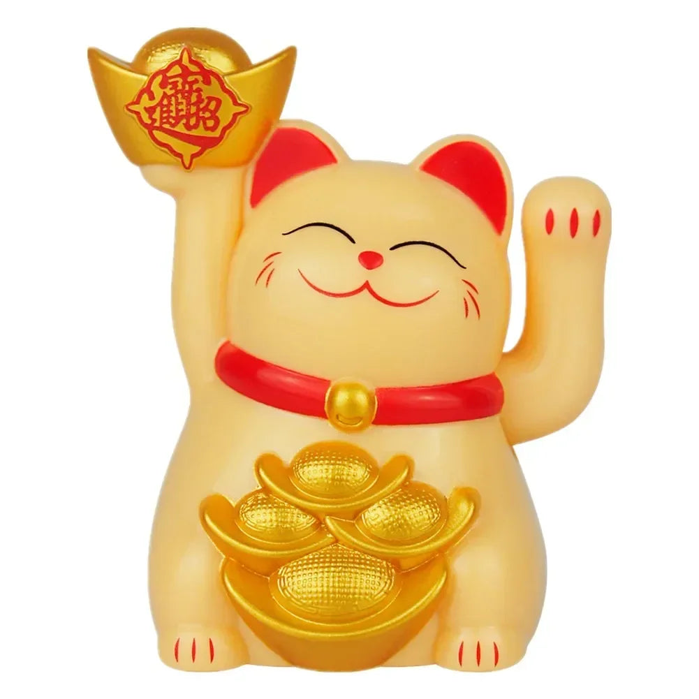 Maneki Neko Golden Lucky Cat Solar Powered Waving Figurine - Feng Shui Fortune & Wealth | Buddhive