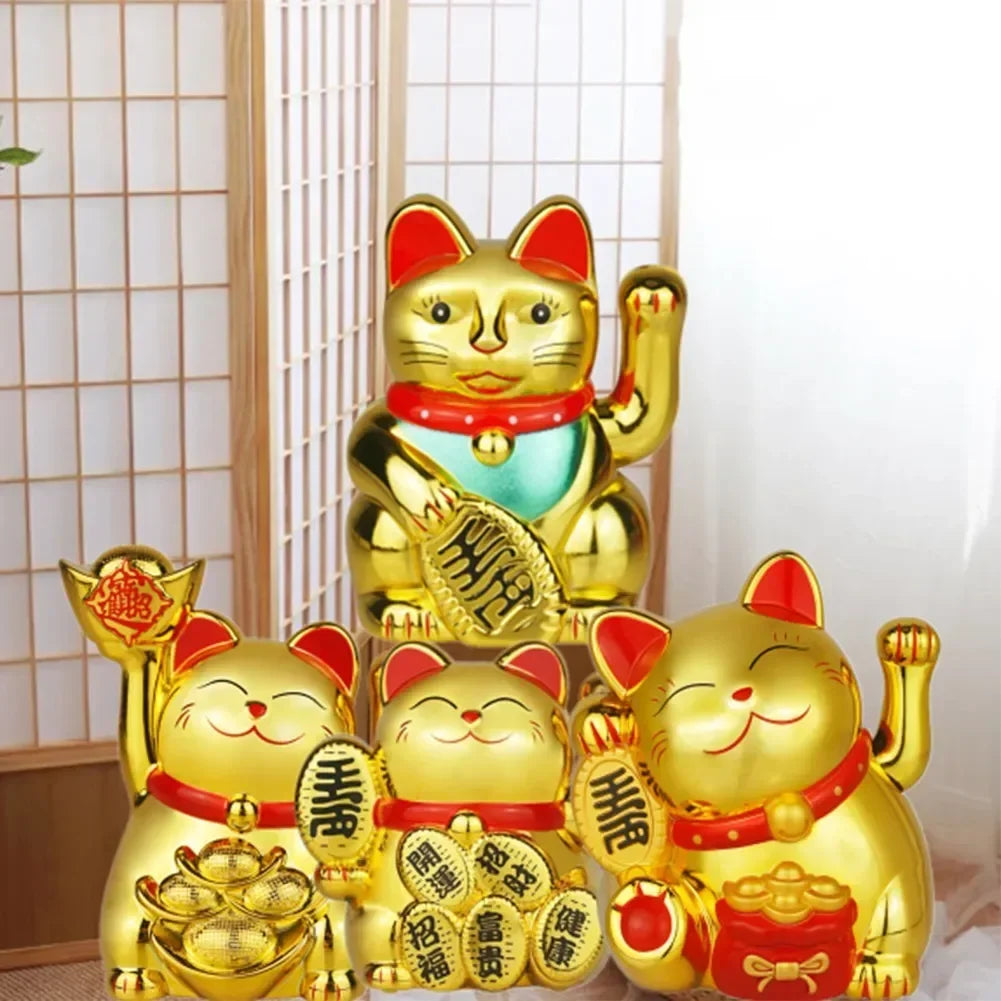 Maneki Neko Golden Lucky Cat Solar Powered Waving Figurine - Feng Shui Fortune & Wealth | Buddhive