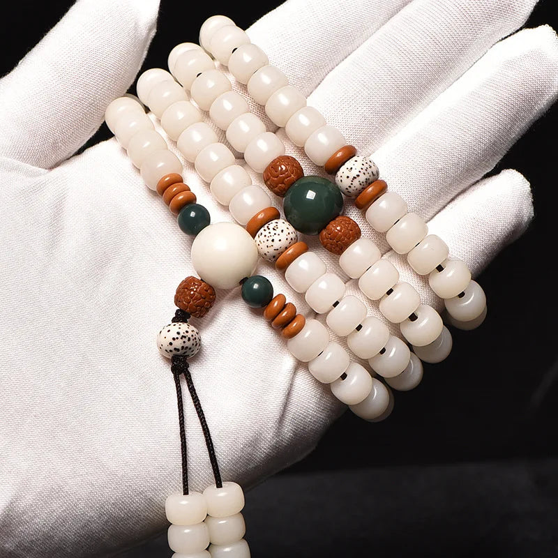 White Tibetan Mala Necklace 108 Beads - Gemstone Prayer Beads for Meditation | Buddhive