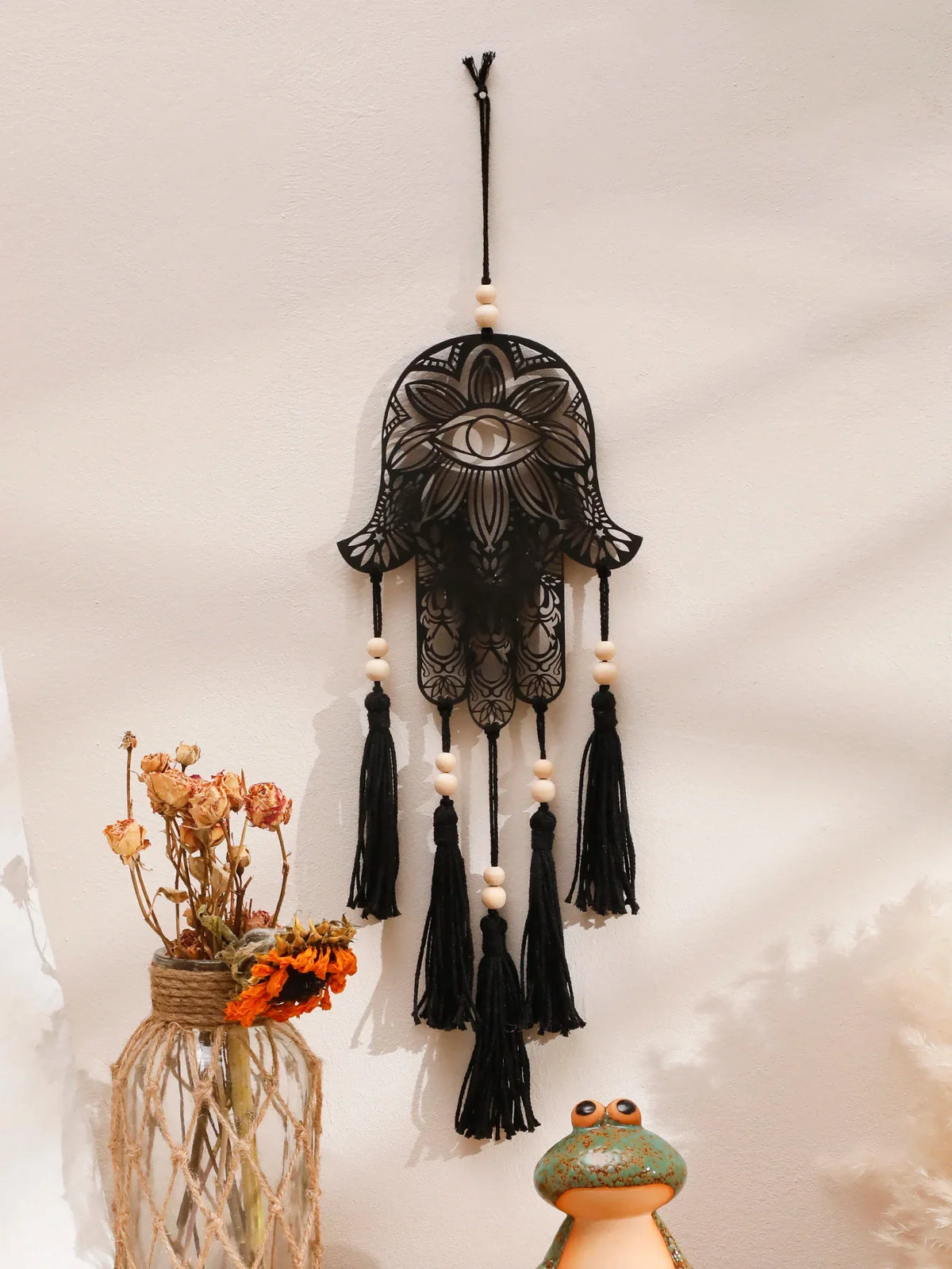 Hamsa Hand Dream Catcher Black Wood Wall Decor - Protection Symbol & Spiritual Hanging | Buddhive