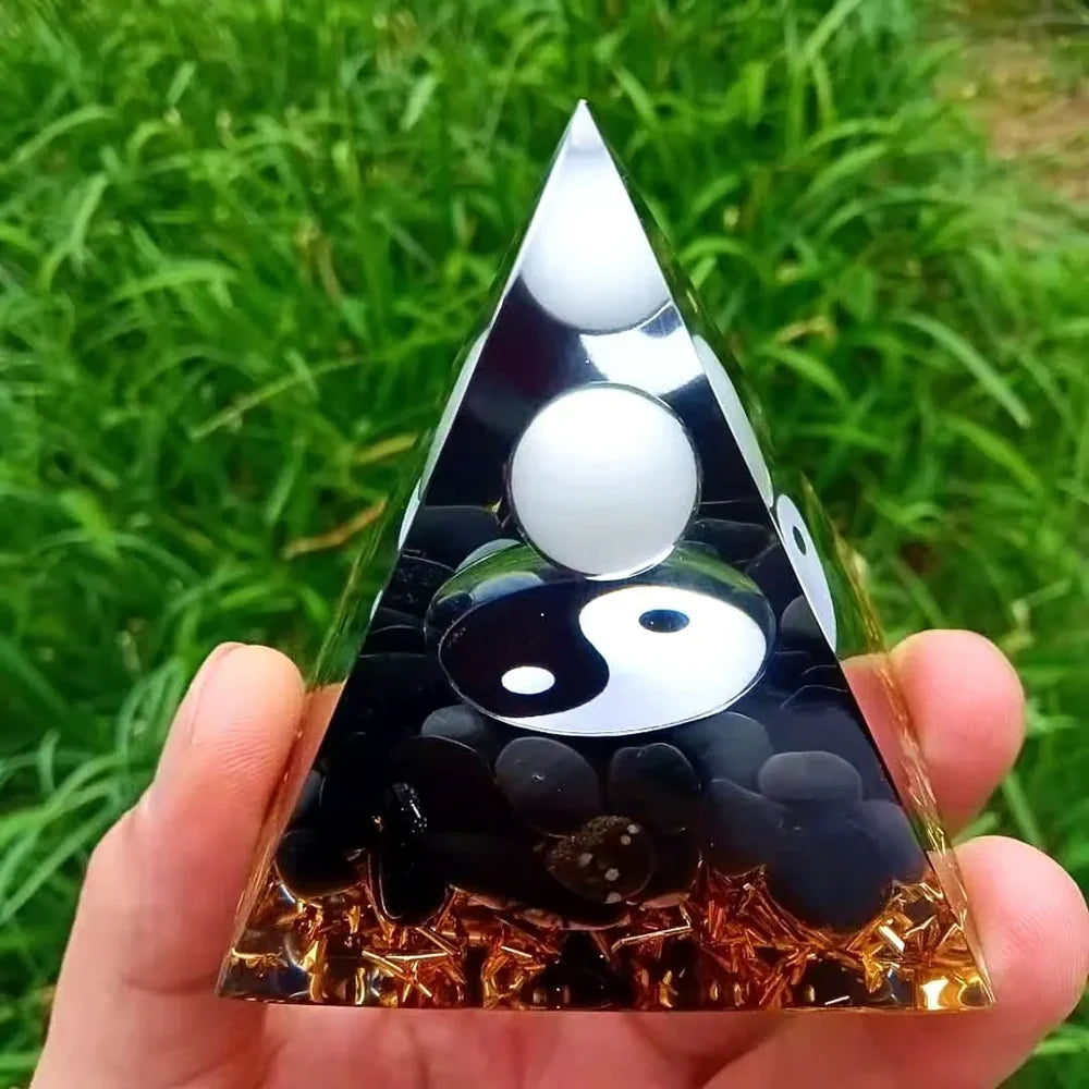 Orgonite Pyramid Yin Yang with White Sphere - Energy Harmonizer Feng Shui Decor | Buddhive