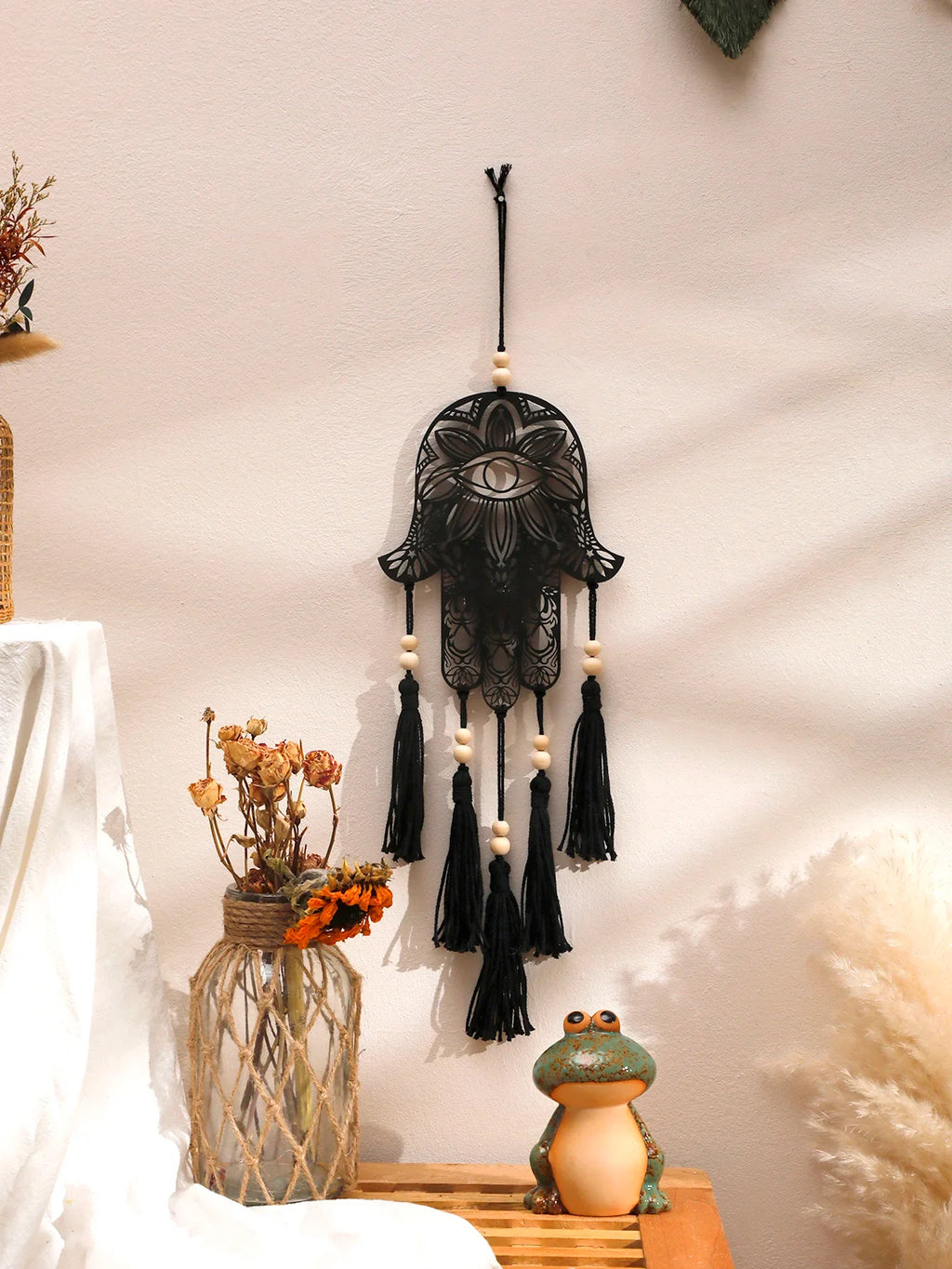 Hamsa Hand Dream Catcher Black Wood Wall Decor - Protection Symbol & Spiritual Hanging | Buddhive
