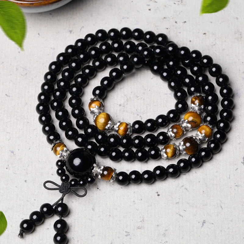 Mala Beads Tiger's Eye & Black Obsidian - 108 Prayer Beads for Protection & Meditation | Buddhive