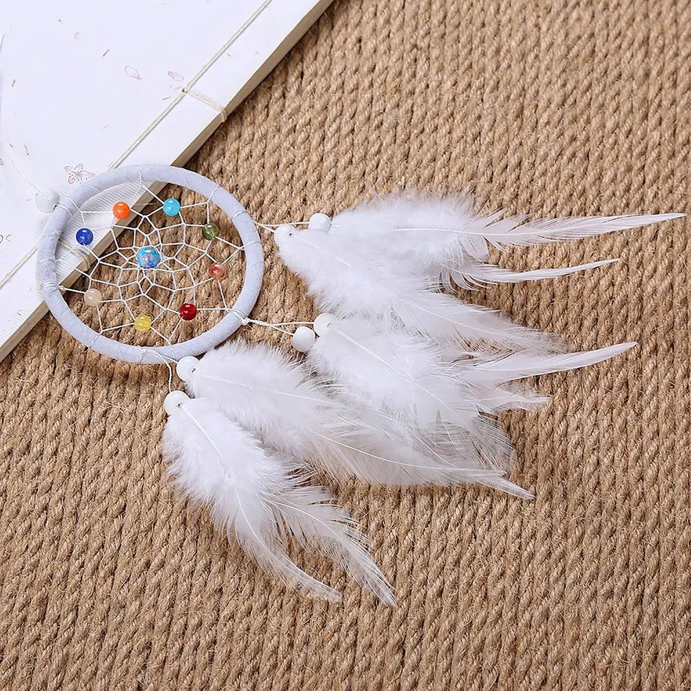 White Feather Dreamcatcher - 3 Inch Handmade Natural Beads & Feathers - Bedroom Decor | Buddhive