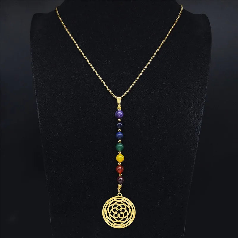 7 Chakra Necklace Lotus Flower Pendant - Natural Stone & Stainless Steel Women's Jewelry | Buddhive