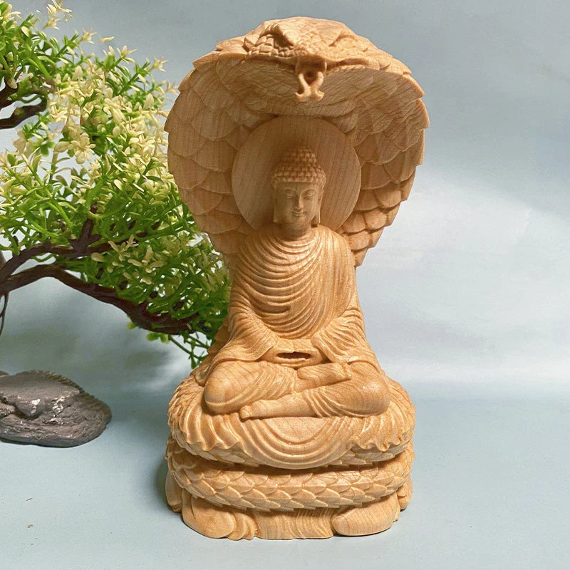 Buddha and Naga Wood Statue - Hand Carved Solid Wood 4.7" - Buddhist Decor | Buddhive