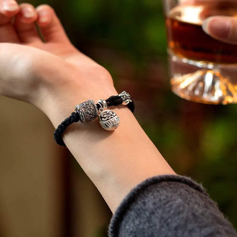 Tibetan Bracelet Black Copper Charm Bracelet - Geometric Buddhist Jewelry 7.9" | Buddhive