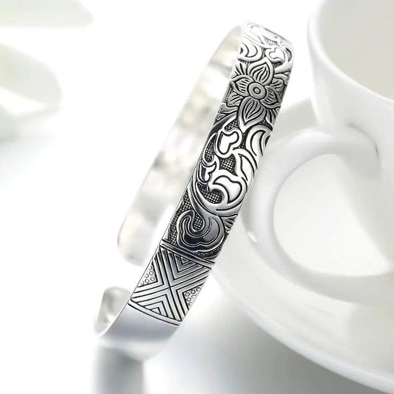 Lotus Flower Bracelet Sterling Silver 925 - Adjustable Buddhist Cuff | Buddhive