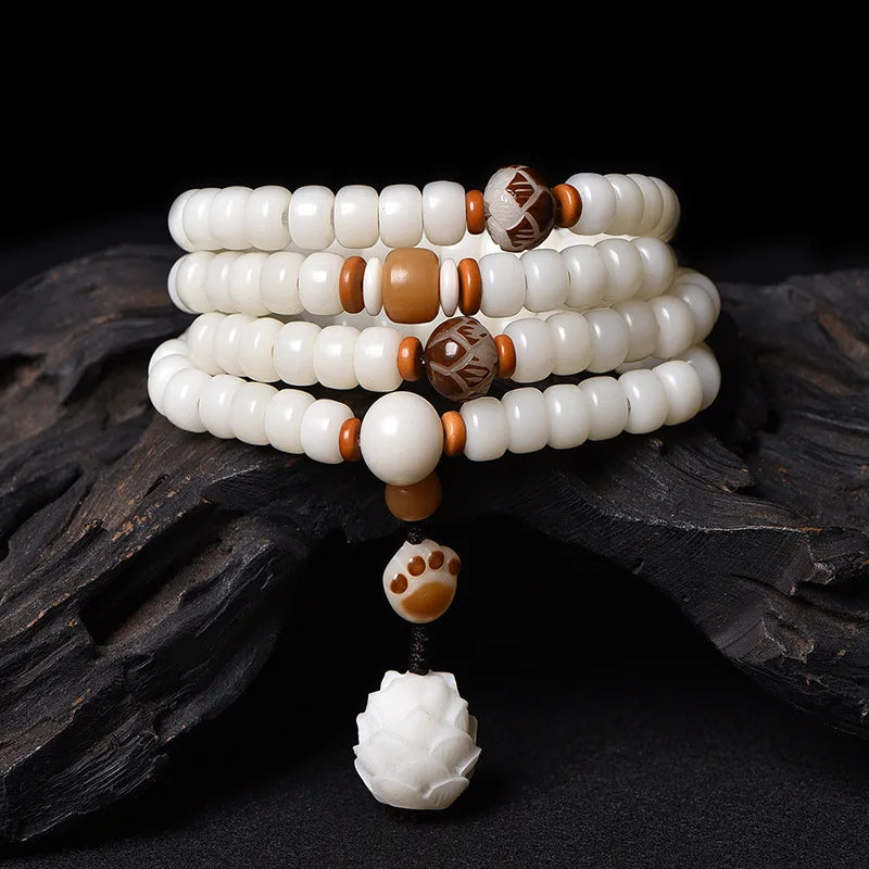 White Tibetan Mala Necklace 108 Beads - Gemstone Prayer Beads for Meditation | Buddhive