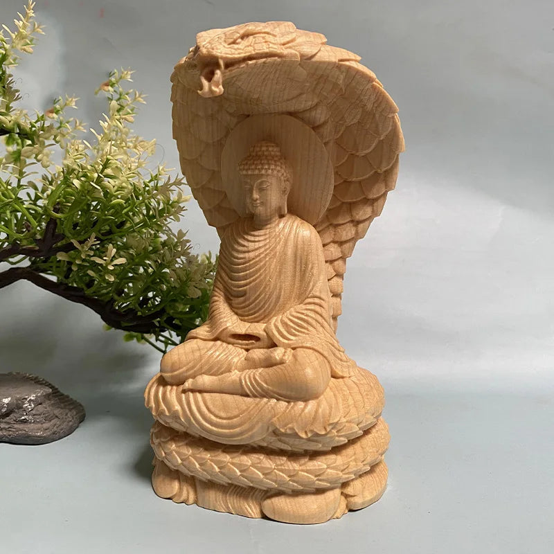 Buddha and Naga Wood Statue - Hand Carved Solid Wood 4.7" - Buddhist Decor | Buddhive