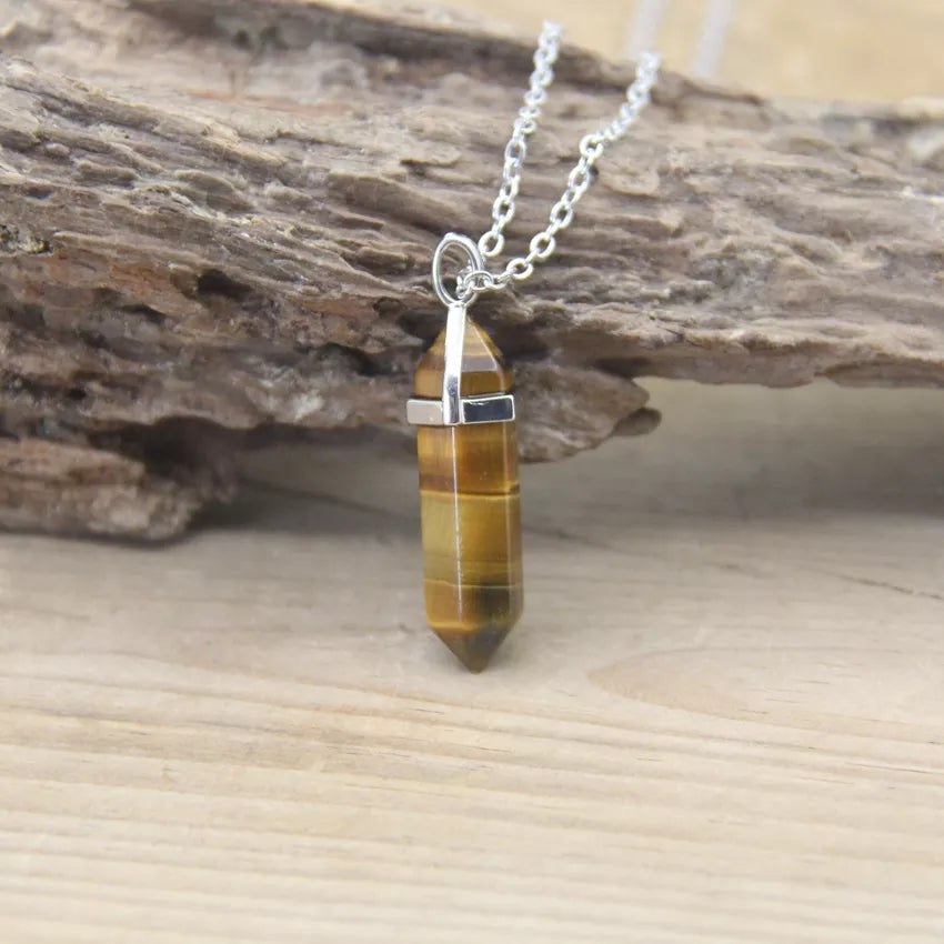 Hexagonal Stone Necklace - Natural Gemstone Pendant - Tiger's Eye & Obsidian | Buddhive