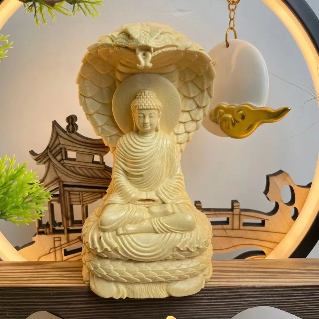 Buddha and Naga Wood Statue - Hand Carved Solid Wood 4.7" - Buddhist Decor | Buddhive