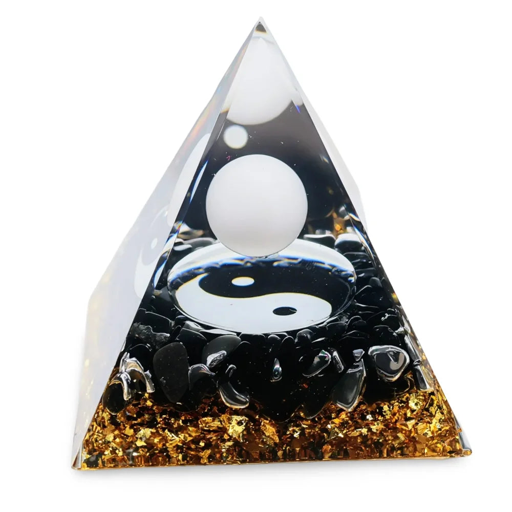 Orgonite Pyramid Yin Yang with White Sphere - Energy Harmonizer Feng Shui Decor | Buddhive