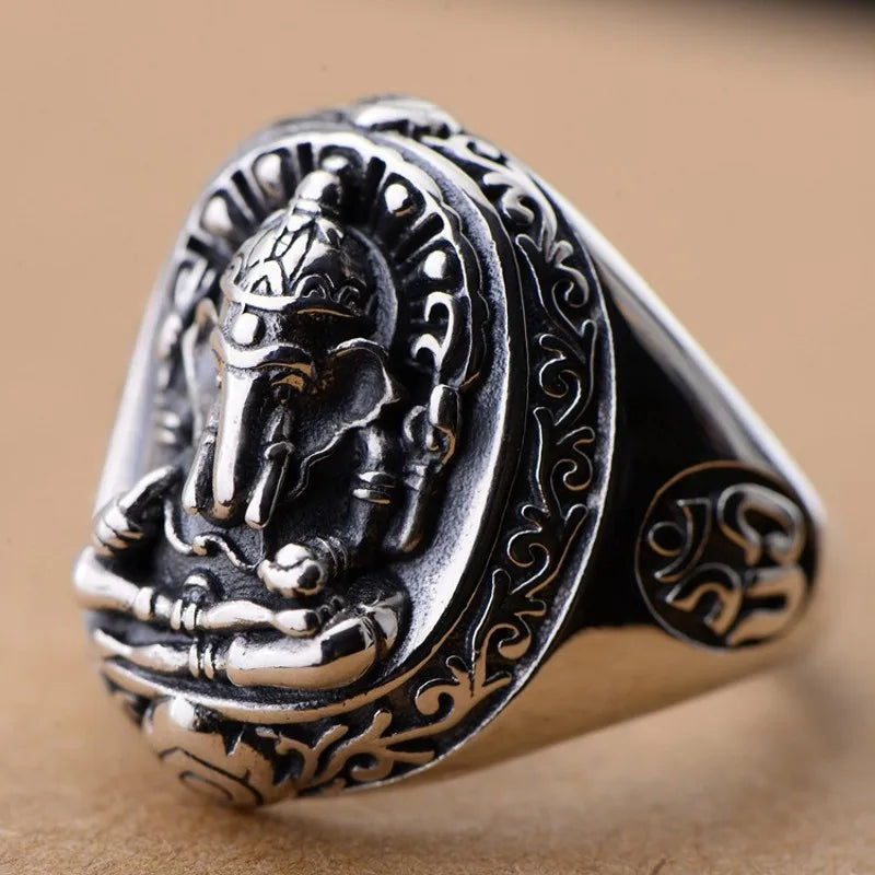 Ganesh Ring Sterling Silver 925 - Hindu Buddhist Elephant God Signet Ring for Men | Buddhive