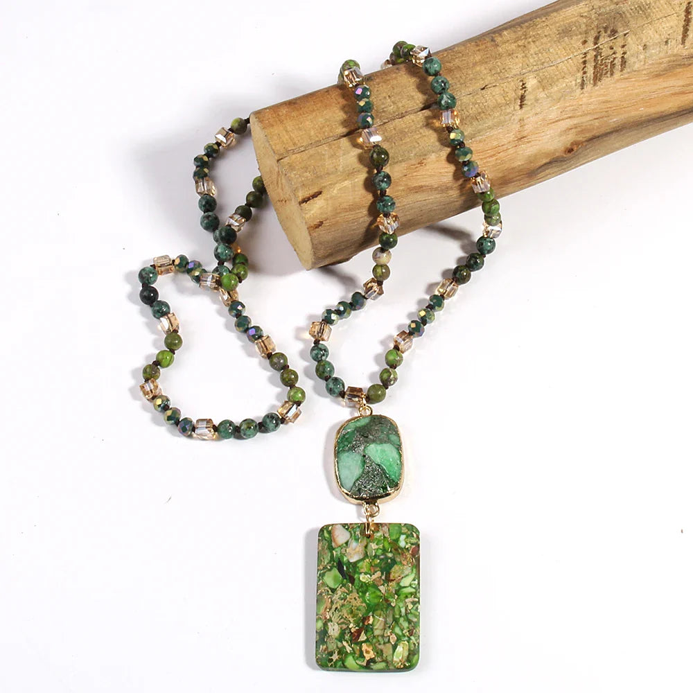 Green Crystal Necklace Rectangular Gemstone Pendant - Natural Stone Buddhist Jewelry | Buddhive