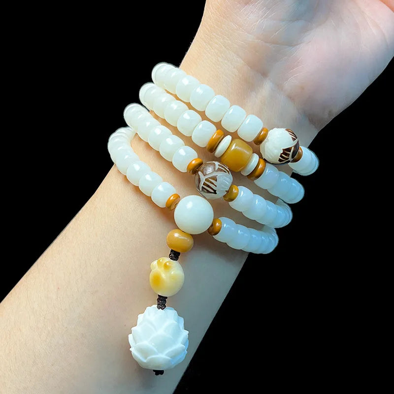 White Tibetan Mala Necklace 108 Beads - Gemstone Prayer Beads for Meditation | Buddhive