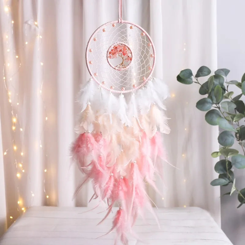 White and Pink Dream Catcher - Handwoven Textile Boho Wall Decor for Bedroom | Buddhive