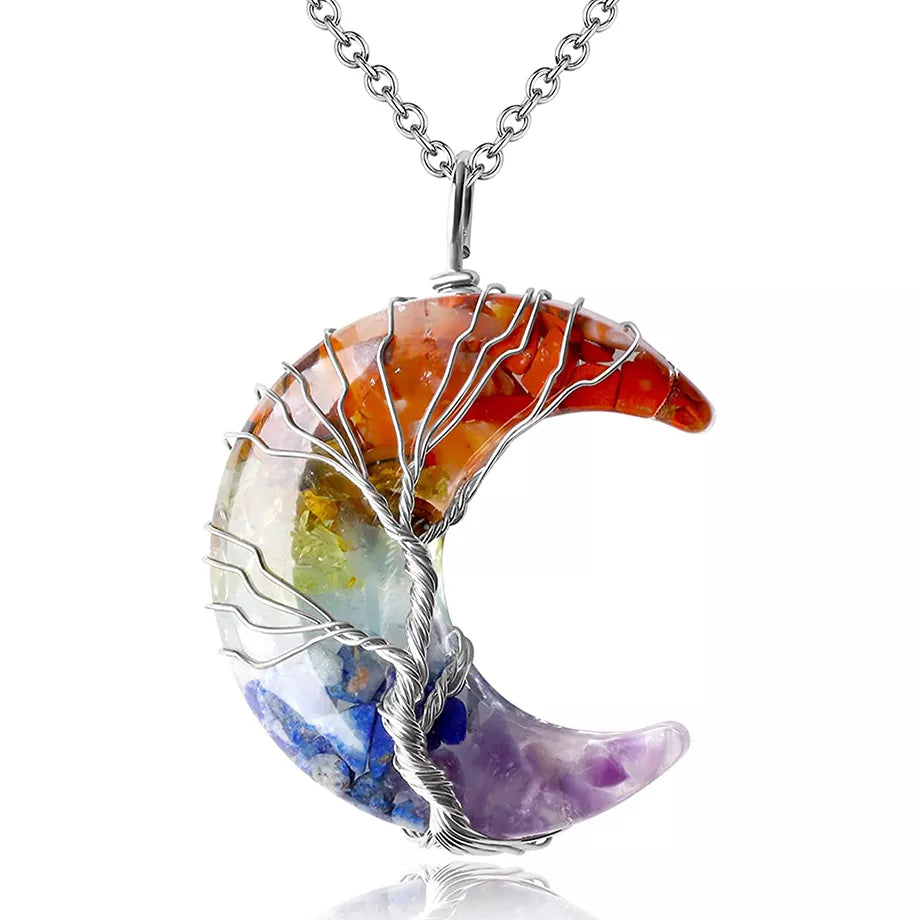 7 Chakra Necklace Tree of Life with Natural Stone Crescent Moon | Buddhive