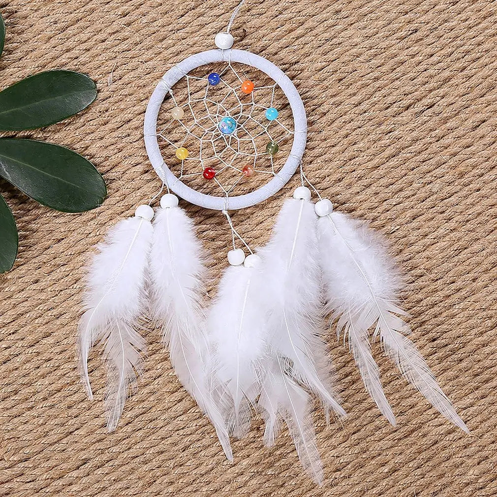 White Feather Dreamcatcher - 3 Inch Handmade Natural Beads & Feathers - Bedroom Decor | Buddhive