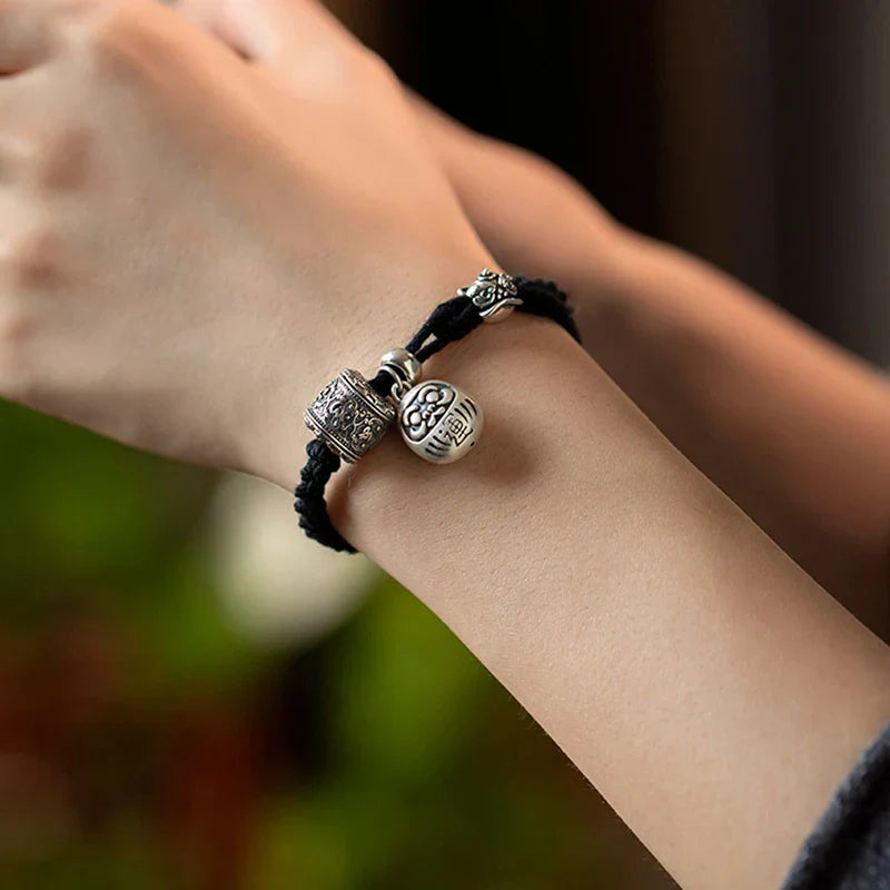 Tibetan Bracelet Black Copper Charm Bracelet - Geometric Buddhist Jewelry 7.9" | Buddhive