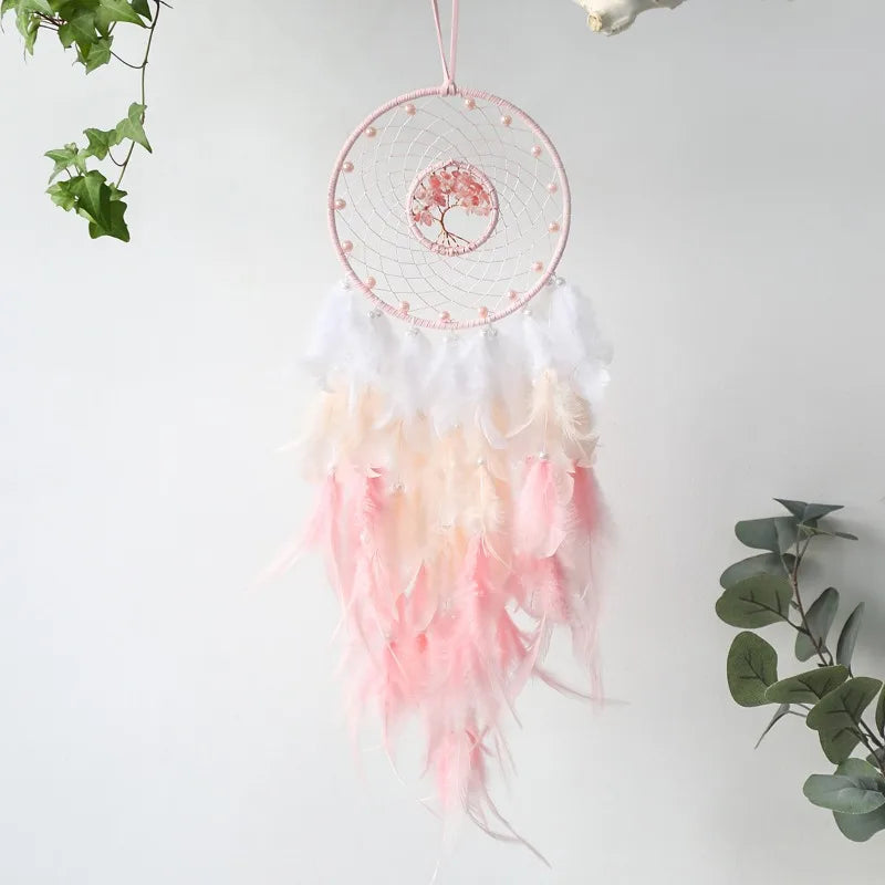 White and Pink Dream Catcher - Handwoven Textile Boho Wall Decor for Bedroom | Buddhive