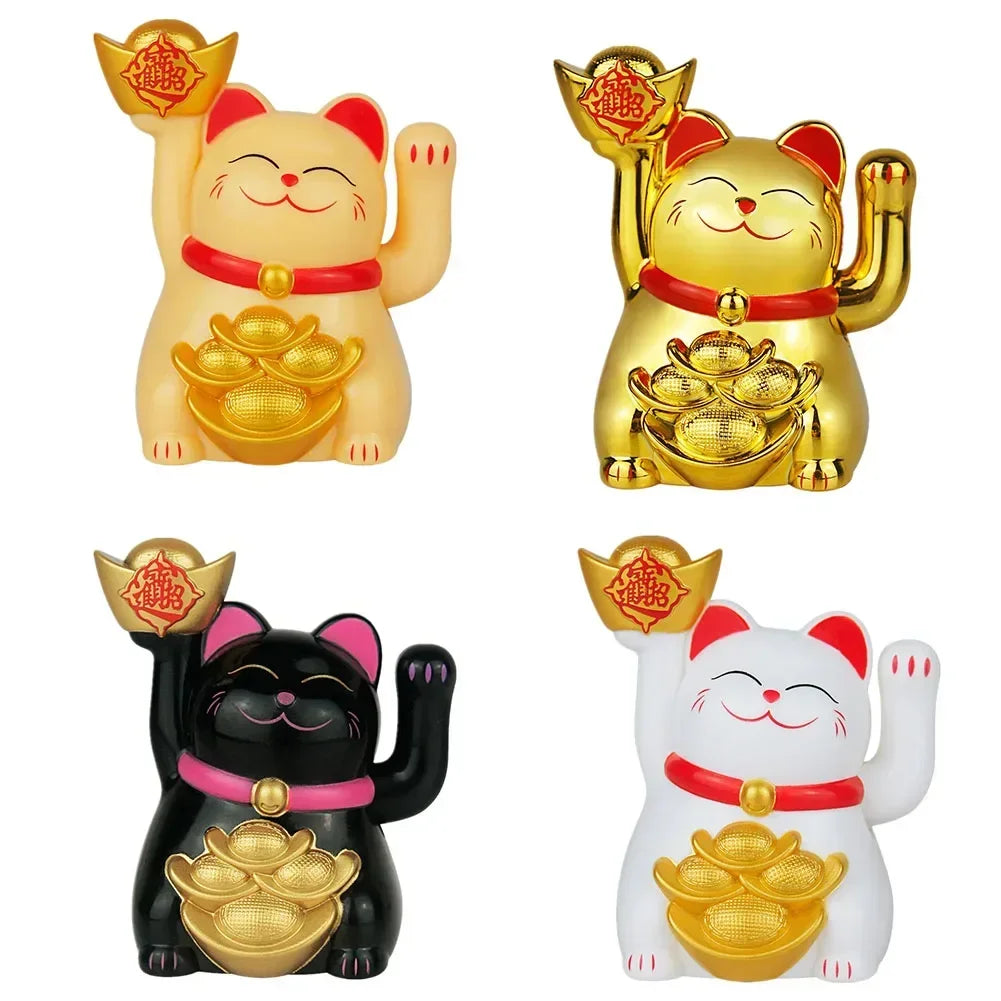 Maneki Neko Golden Lucky Cat Solar Powered Waving Figurine - Feng Shui Fortune & Wealth | Buddhive