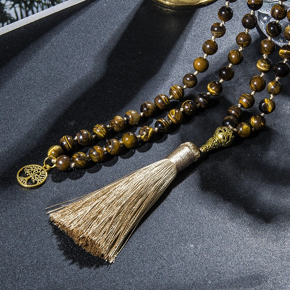 Mala Beads Tiger Eye Stone - Tibetan Buddhist Prayer Necklace 108 Beads | Buddhive