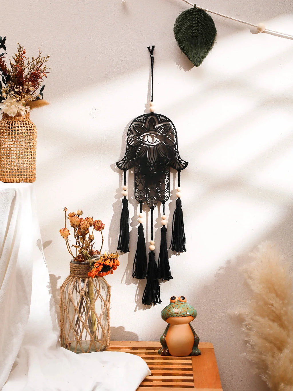 Hamsa Hand Dream Catcher Black Wood Wall Decor - Protection Symbol & Spiritual Hanging | Buddhive