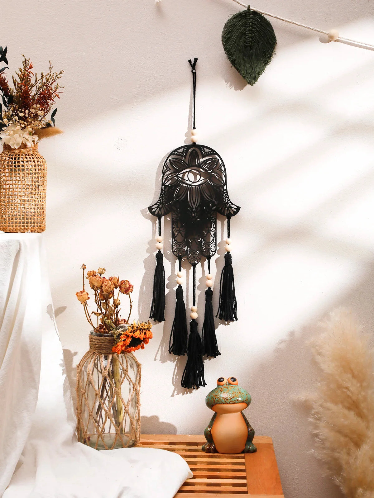 Hamsa Hand Dream Catcher Black Wood Wall Decor - Protection Symbol & Spiritual Hanging | Buddhive