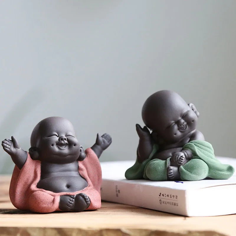 Laughing Buddha Statue Baby Monk Figurine - Ceramic Miniature Zen Decor 3.5 inch | Buddhive