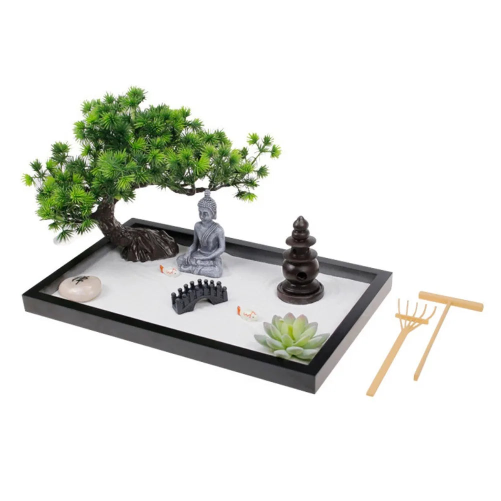 Mini Zen Garden with Buddha Statue - Desktop Meditation Decor 32x20cm Resin | Buddhive