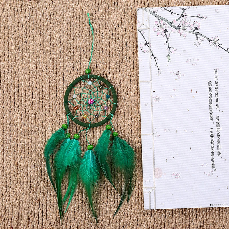 Green Feather Dream Catcher Bohemian Wall Decor - Vintage Textile Art for Bedroom | Buddhive