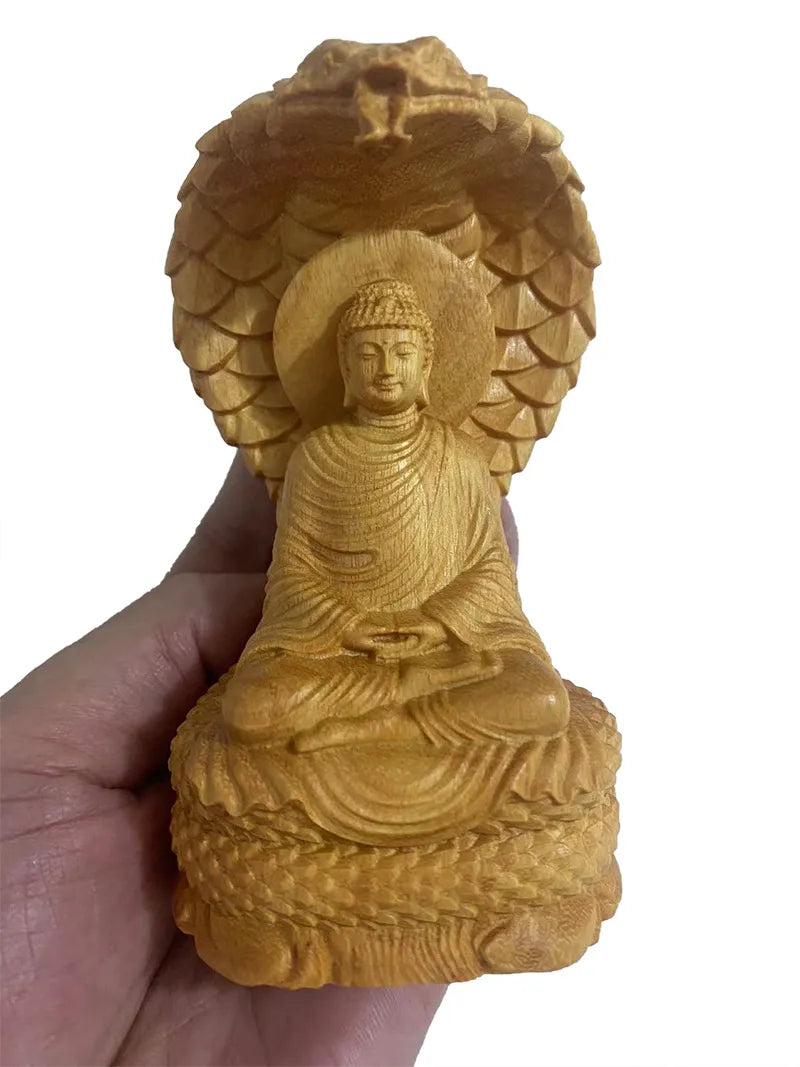 Buddha and Naga Wood Statue - Hand Carved Solid Wood 4.7" - Buddhist Decor | Buddhive