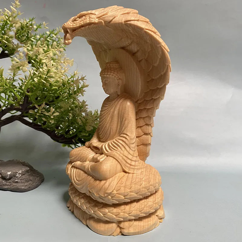 Buddha and Naga Wood Statue - Hand Carved Solid Wood 4.7" - Buddhist Decor | Buddhive