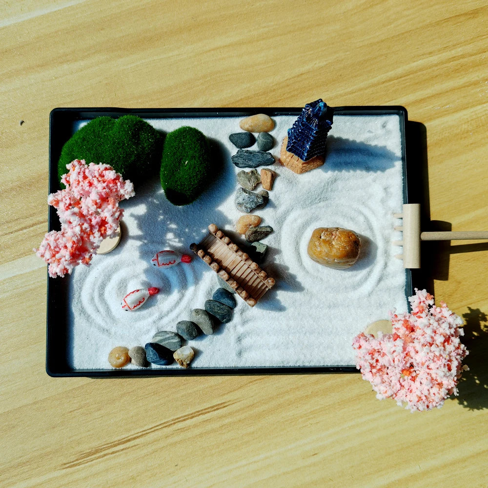 Mini Zen Garden Japanese with Cherry Blossoms & Pagoda - Desktop Meditation Kit | Buddhive