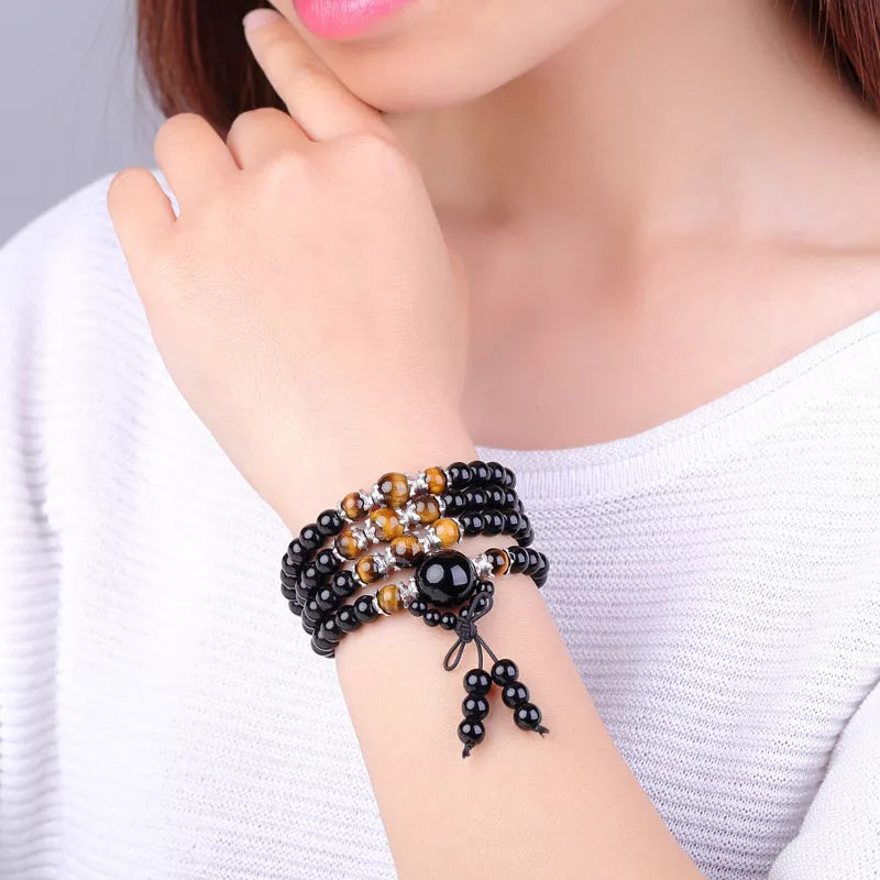 Mala Beads Tiger's Eye & Black Obsidian - 108 Prayer Beads for Protection & Meditation | Buddhive